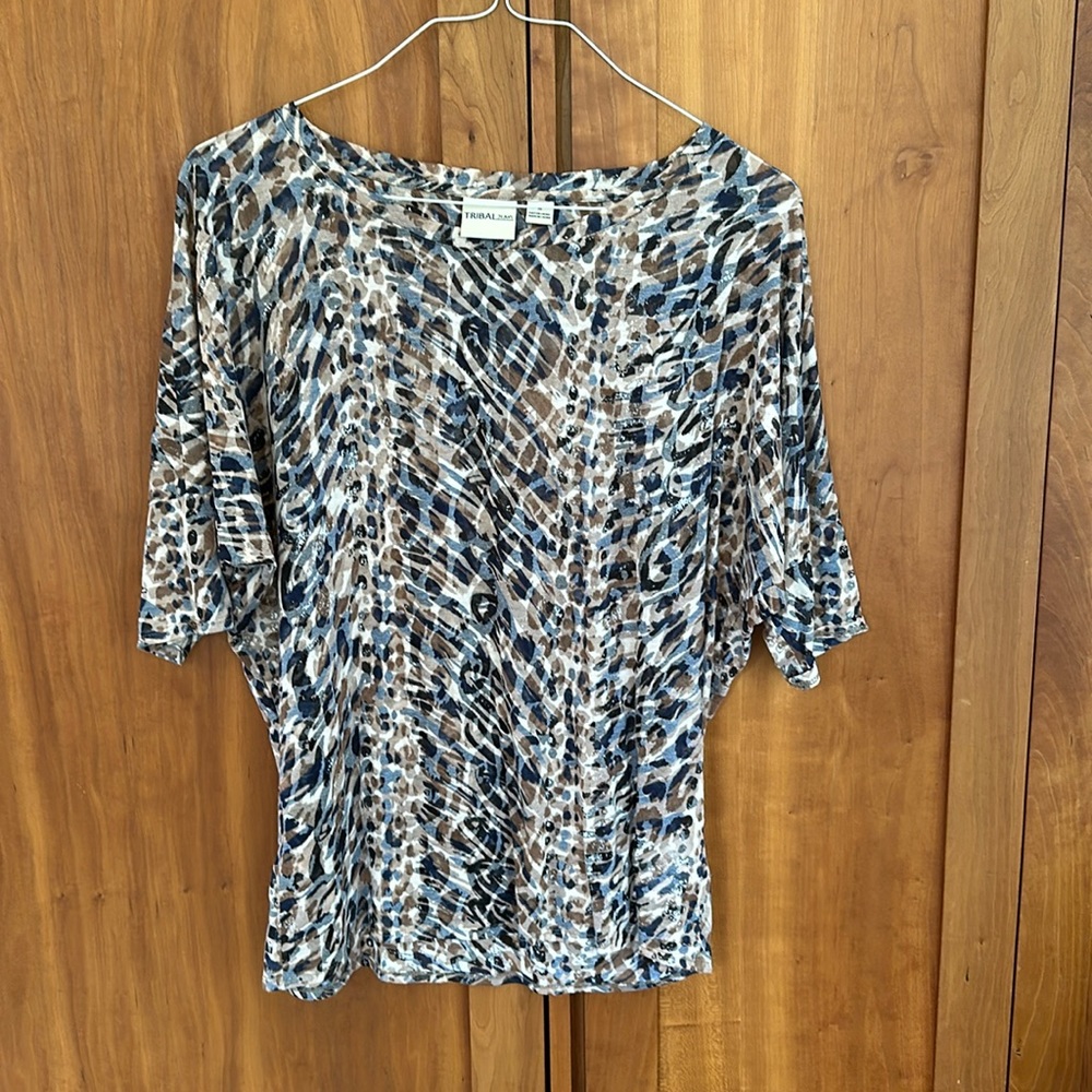 NWT Tribal Jeans Animal Print Sheer Top in Size Medium